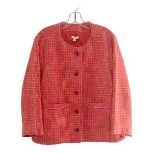 J Jill Orange Pink Tweed Blazer Button Front Pocket Fringe Jacket Womens XLP NWT